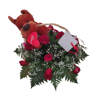 Cesta rosas rojas con peluche